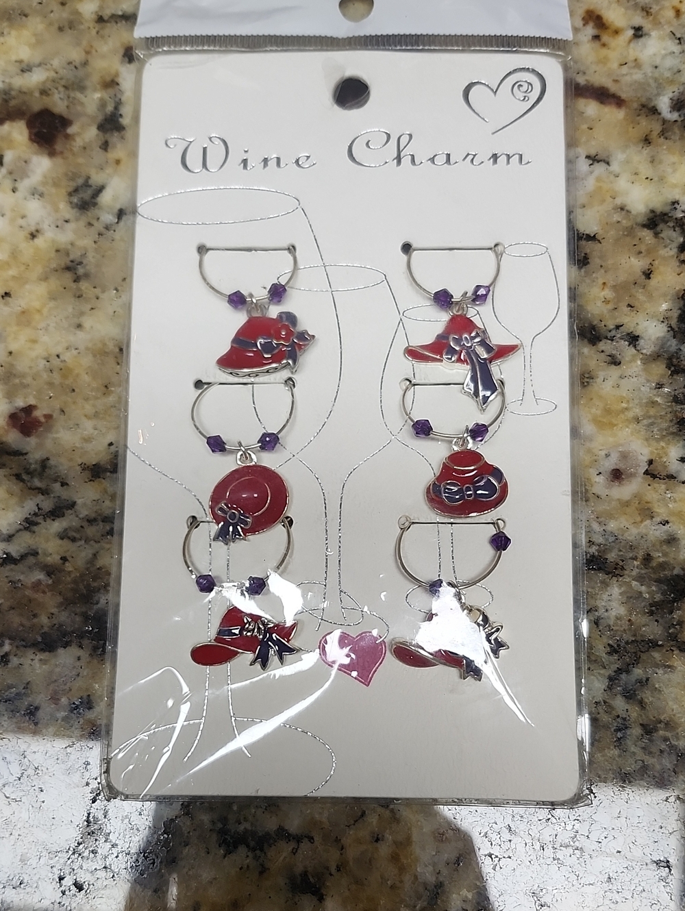 Red Hat Wine Charms with Purple Bead Accents - Wine Charm Set